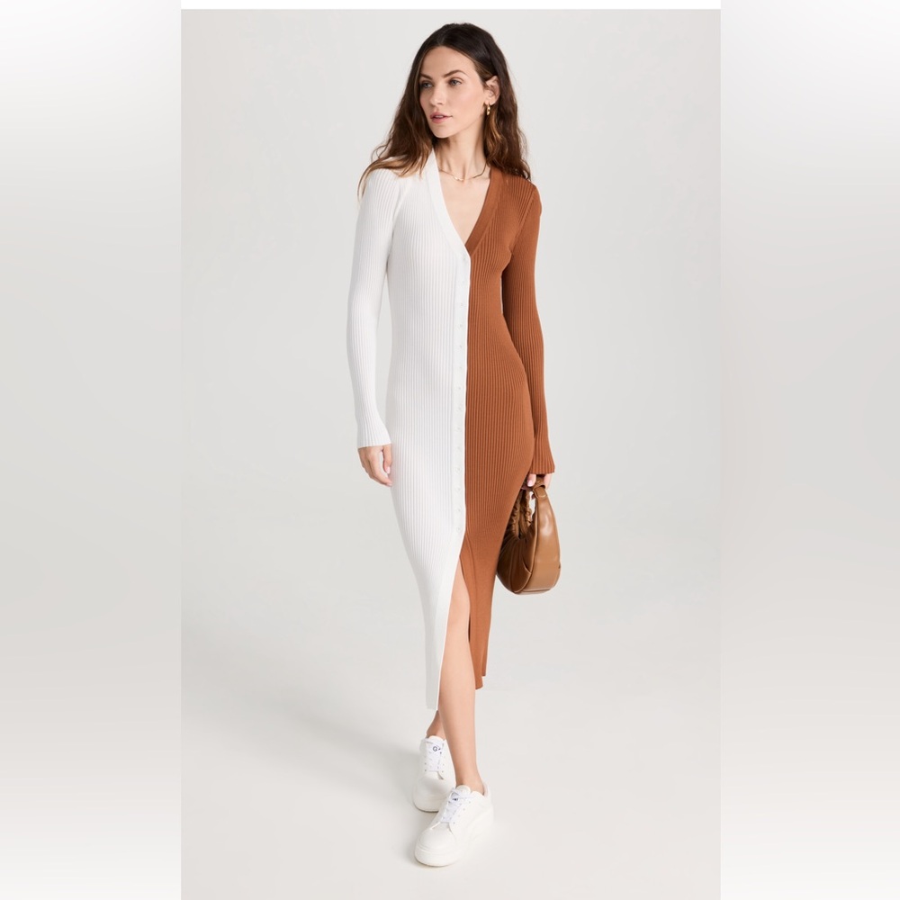 STAUD Two-Tone White and Brown Long Sleeve Dress